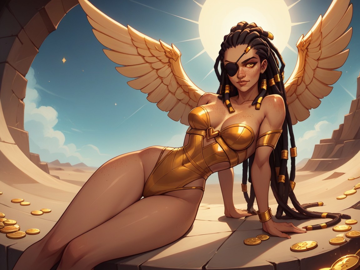 Freckles On Breasts, Neon Gold Angel Wings, Dreadlocks Ginger AI Porn