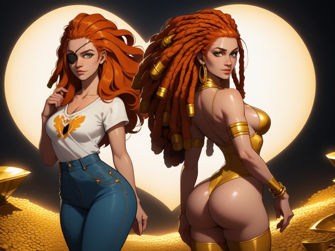 Goddess Of Love, Gold Eye Patch, Wearing Gold Leather Goddess Clothes 라틴 AI 야짤