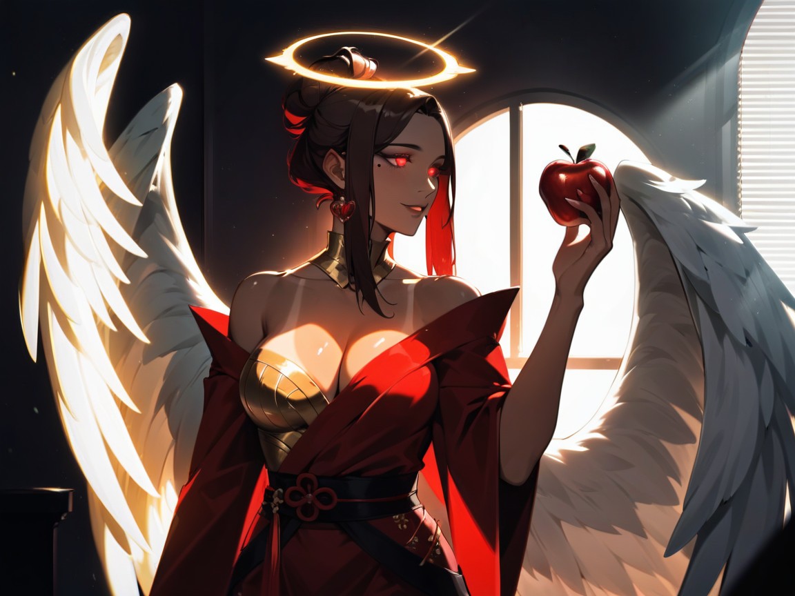 Love Hearts, Perfect Face, Neon Red Angel Wings Hentai AI Porn