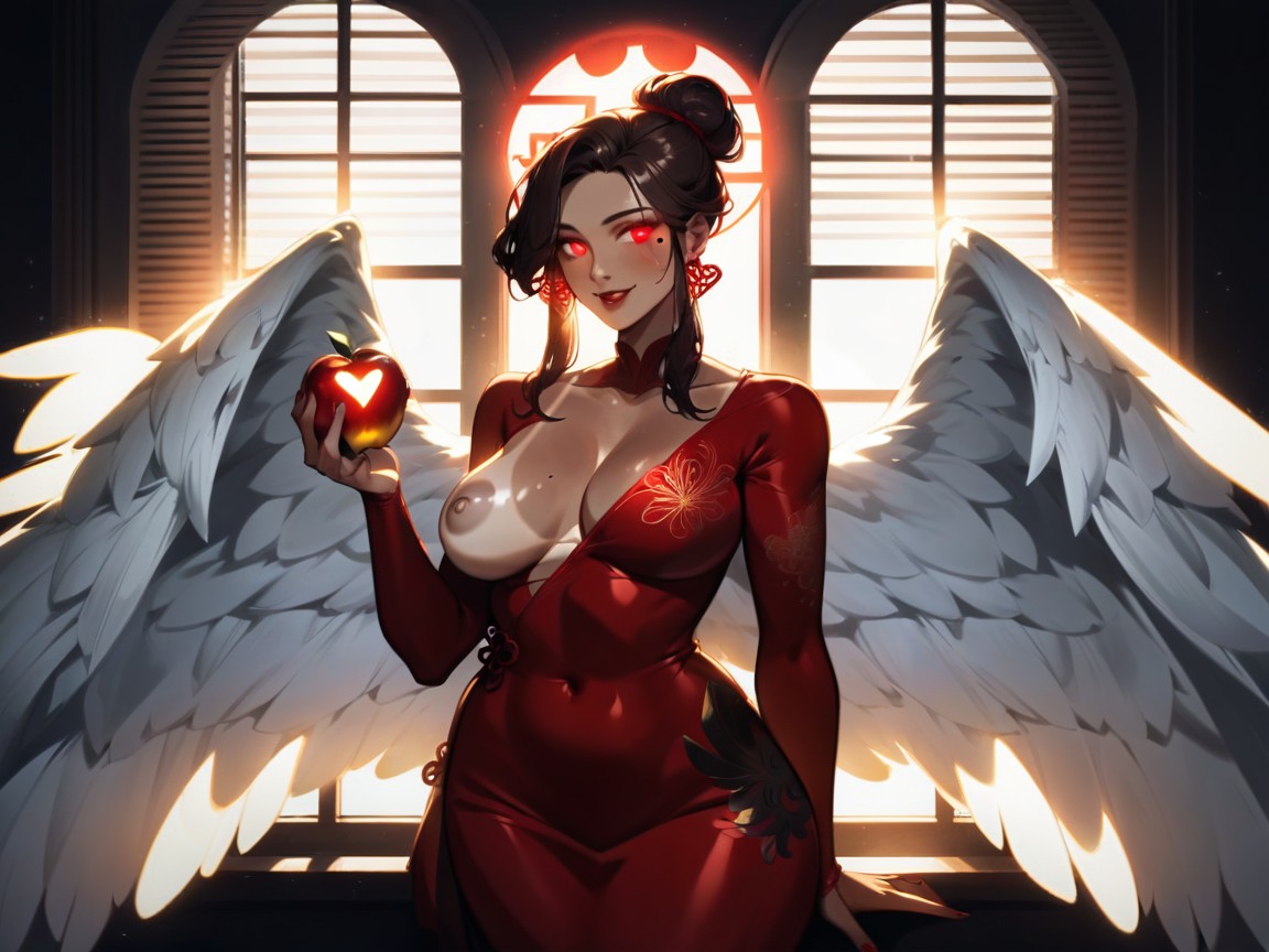 God Rays Through Window Blinds, Neon Red Angel Wings, Desnuda Hentai IA