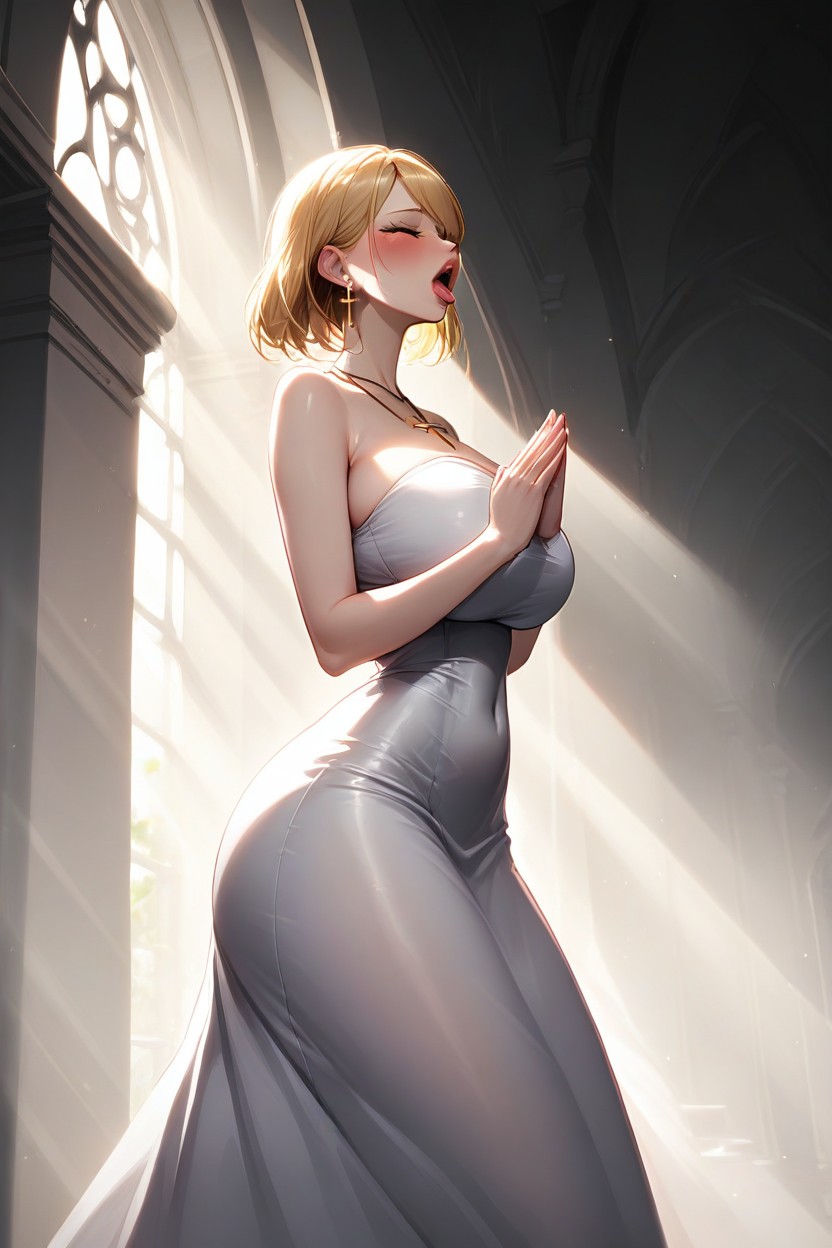 Ultra Goregous, Bust Shot, Focus On Hyper Gigantic Squeezed Boobs Under Dress AI Porn