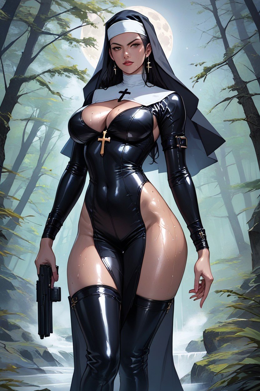 Beautiful Face, Black Long Hair, Tight Latex Leotard SuitファーリーAIポルノ