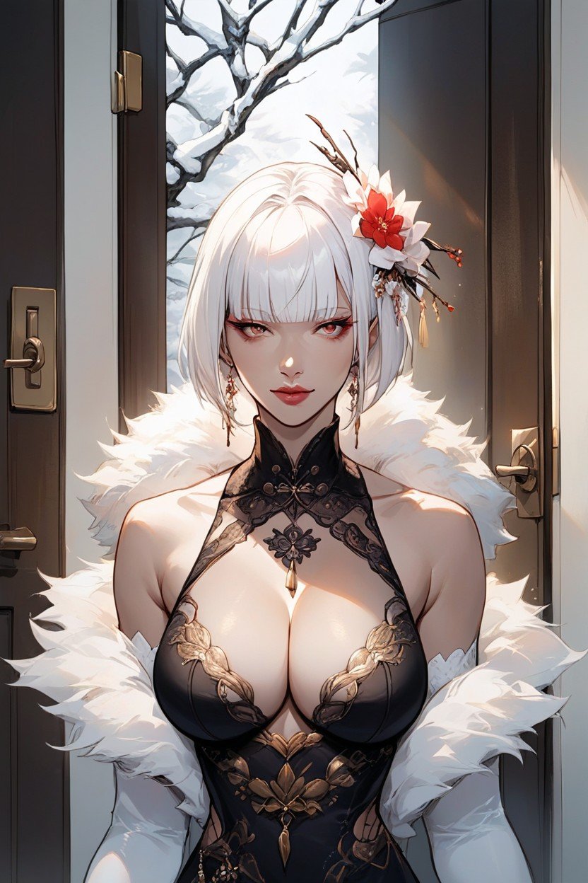 Girl Solo Breasts Short Hair Bangs Gloves Cleavage Flower White Hair Elbow Gloves Blunt Bangs Fur Trim Bob Cut Door Lips, 18+ニューハーフAIポルノ