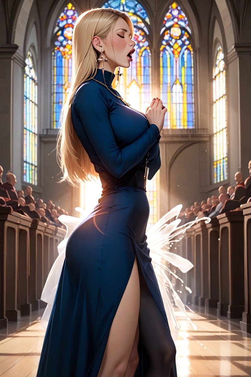 Focus On Hyper Gigantic Squeezed Boobs Under Dress, Hyper Feminine, Arched Back AI Porn