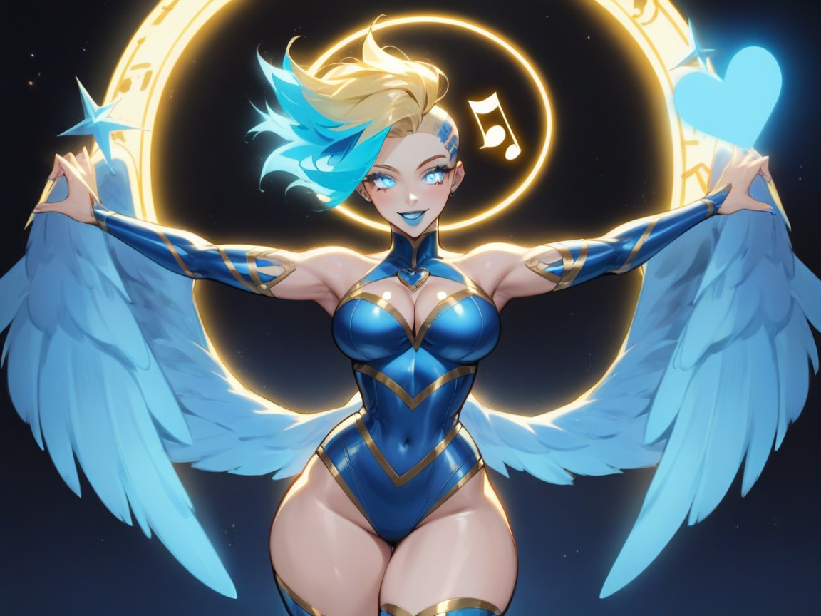 Skinny, Neon Blue Musical Notes In Background, Sloped Shoulders Hentai AI Porn