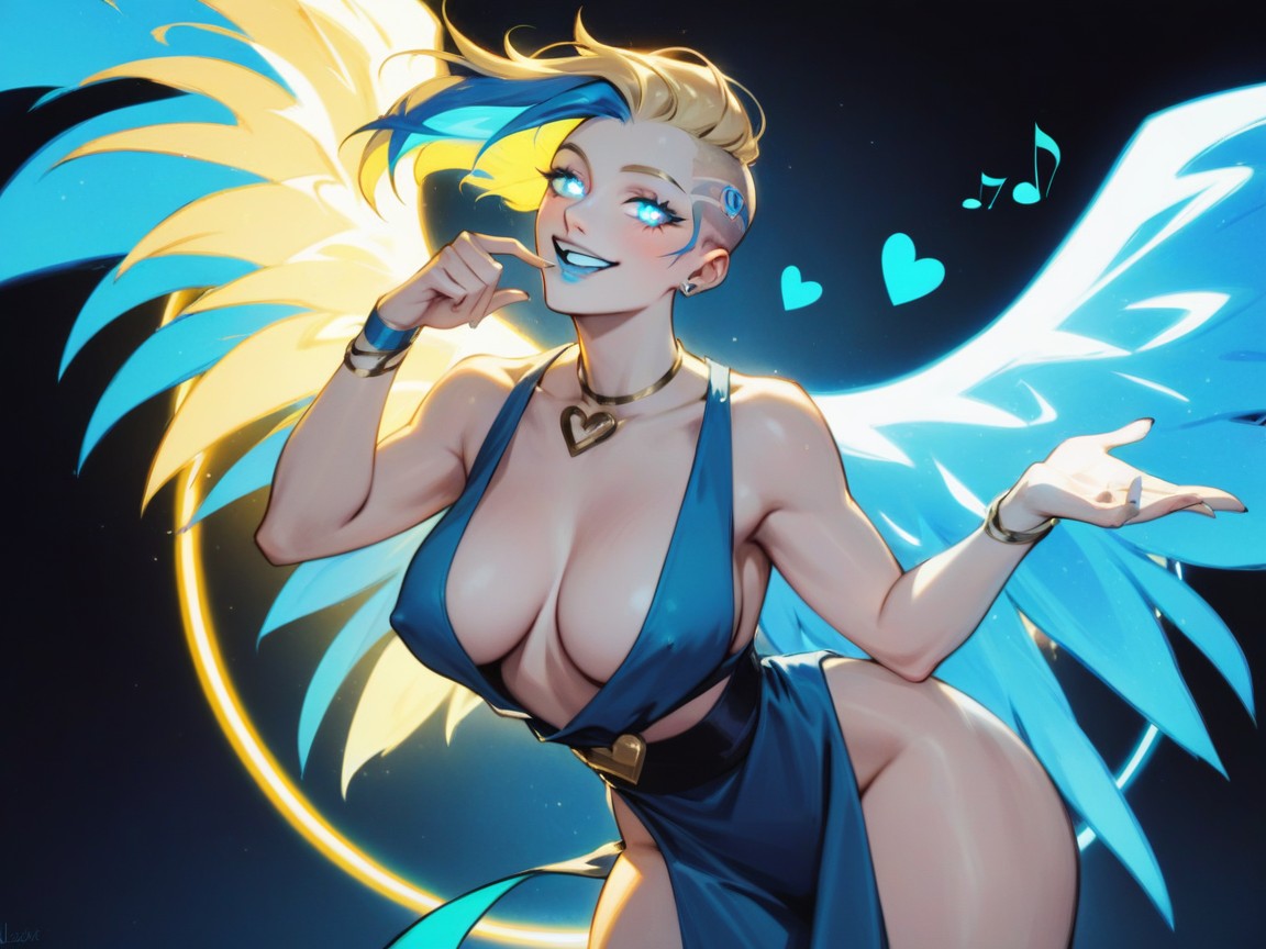 Happy Face, Wearing Blue Metallic Goddess Clothes, Cœurs D'amour Porno IA Hentai