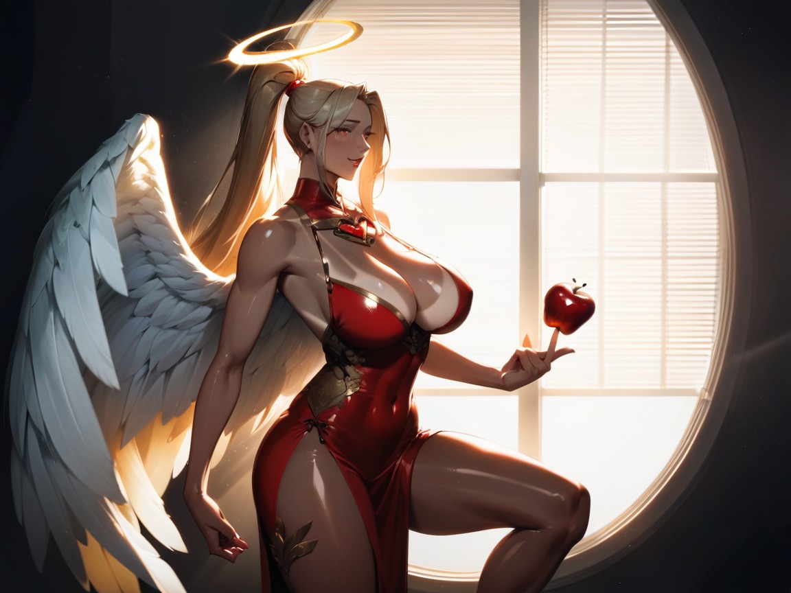 Upturned Eyes, Glowing Red Hearts In Background, Light Tan Skin Hentai IA