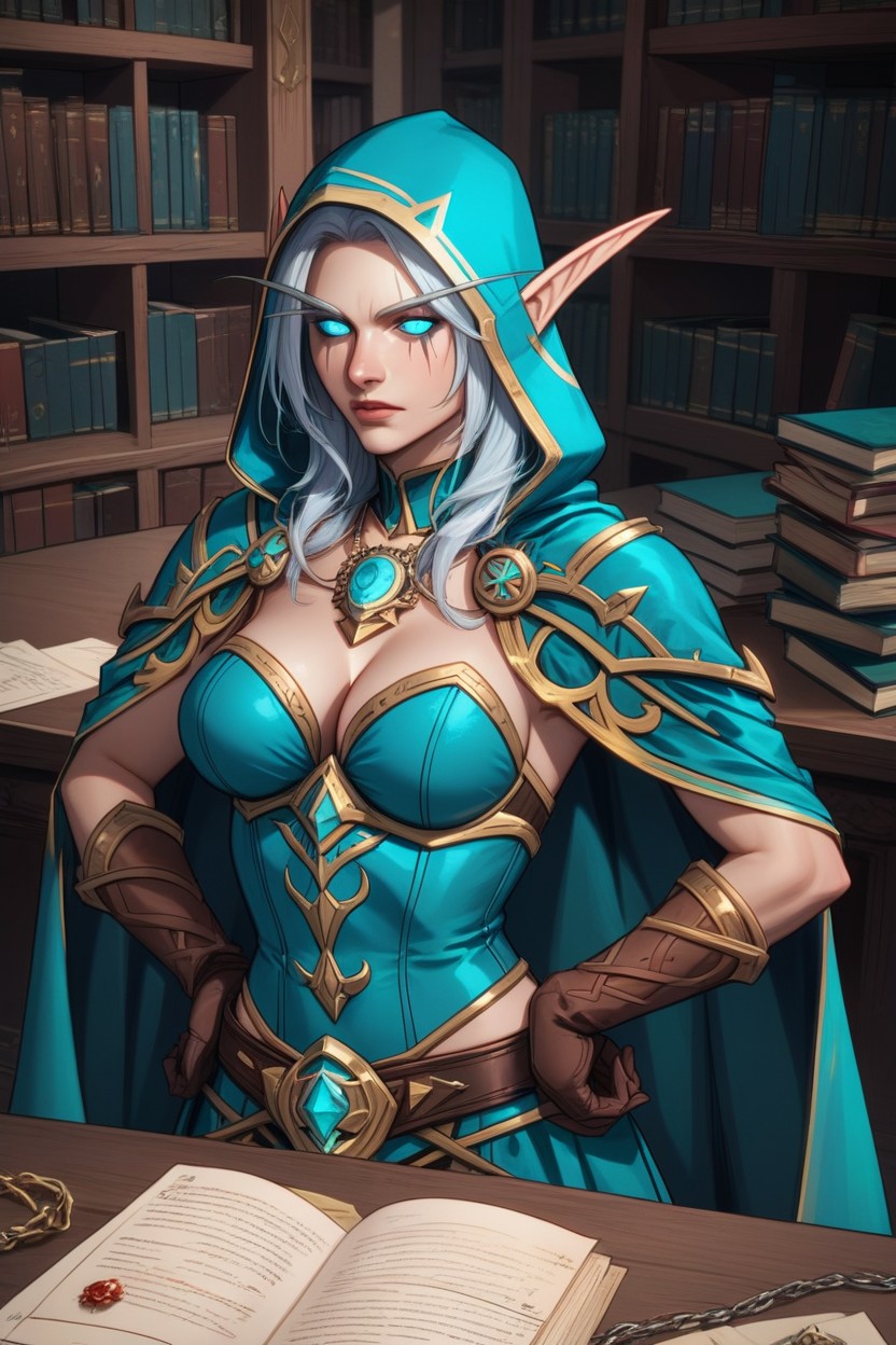 Turquoise Cape With Hood, Blue Shining Pupils Of Eyes, Turquoise Shoulder Armor AI Porn