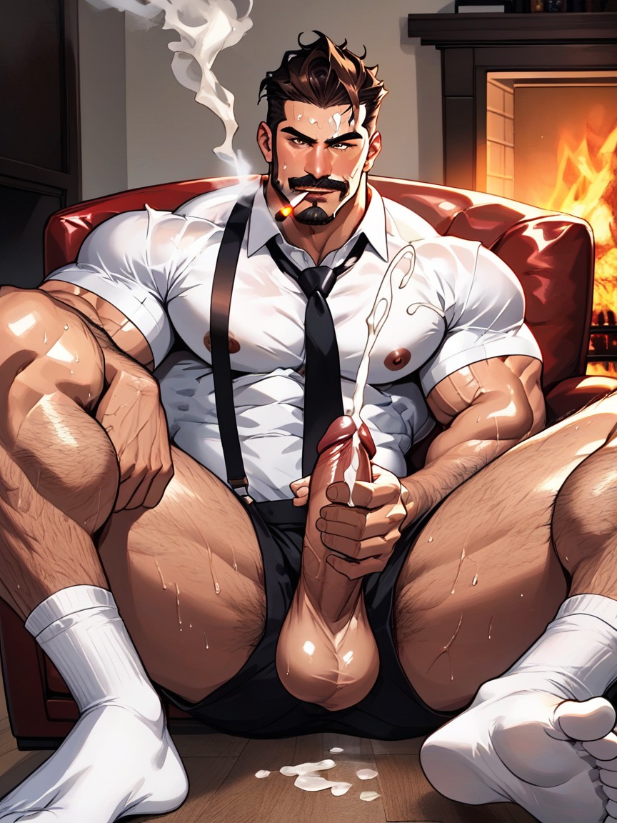 Big Muscular Daddy Man, Open Clothes, Smoky Room AI Gay Porn
