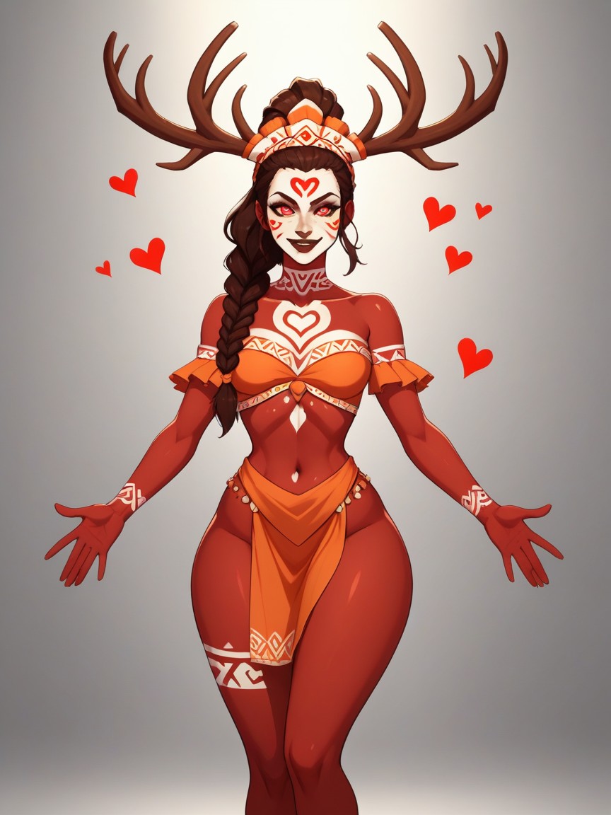 Antler Headdress, River Location, Orange Tribal Face Paint AI Porn