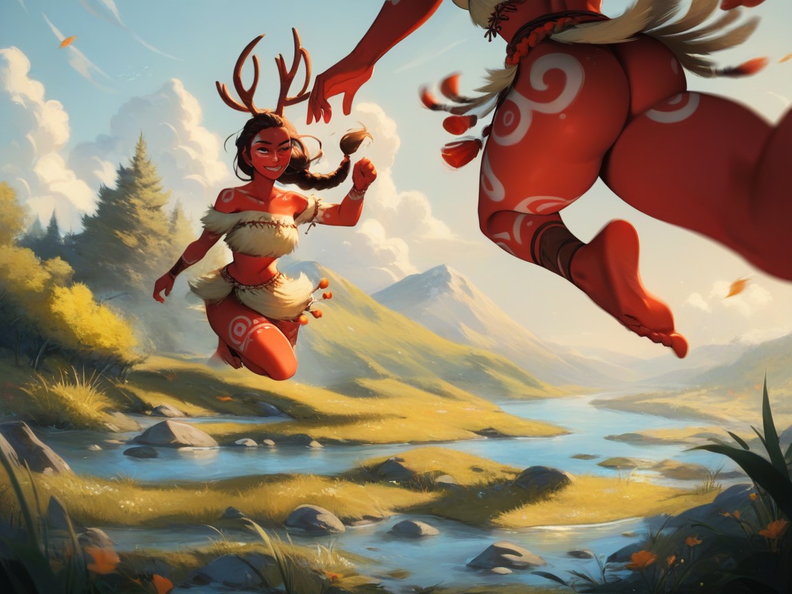 Hearts Blowing In The Wind, Orange Tribal Body Paint, Woman Running Through Grass Hentai AI Porn