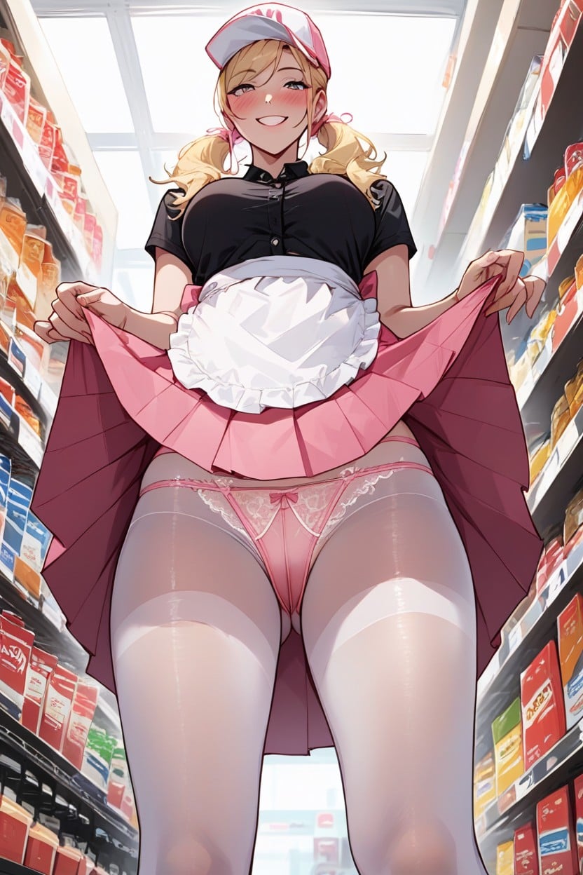 Convenince Store Worker, Blushing, Pink Lace Panties AI Porn