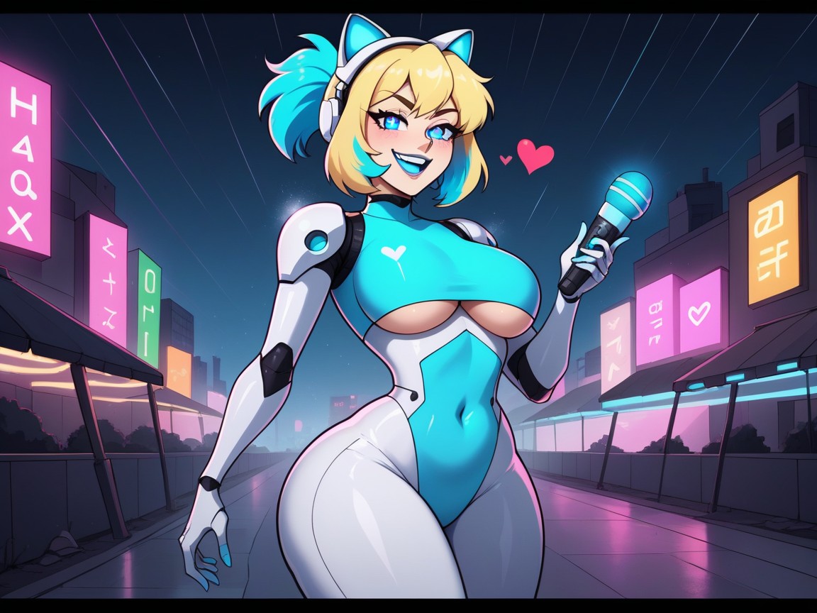 Woman Holding Microphone, Blue Hair Highlights, Smug Expression AI Porn