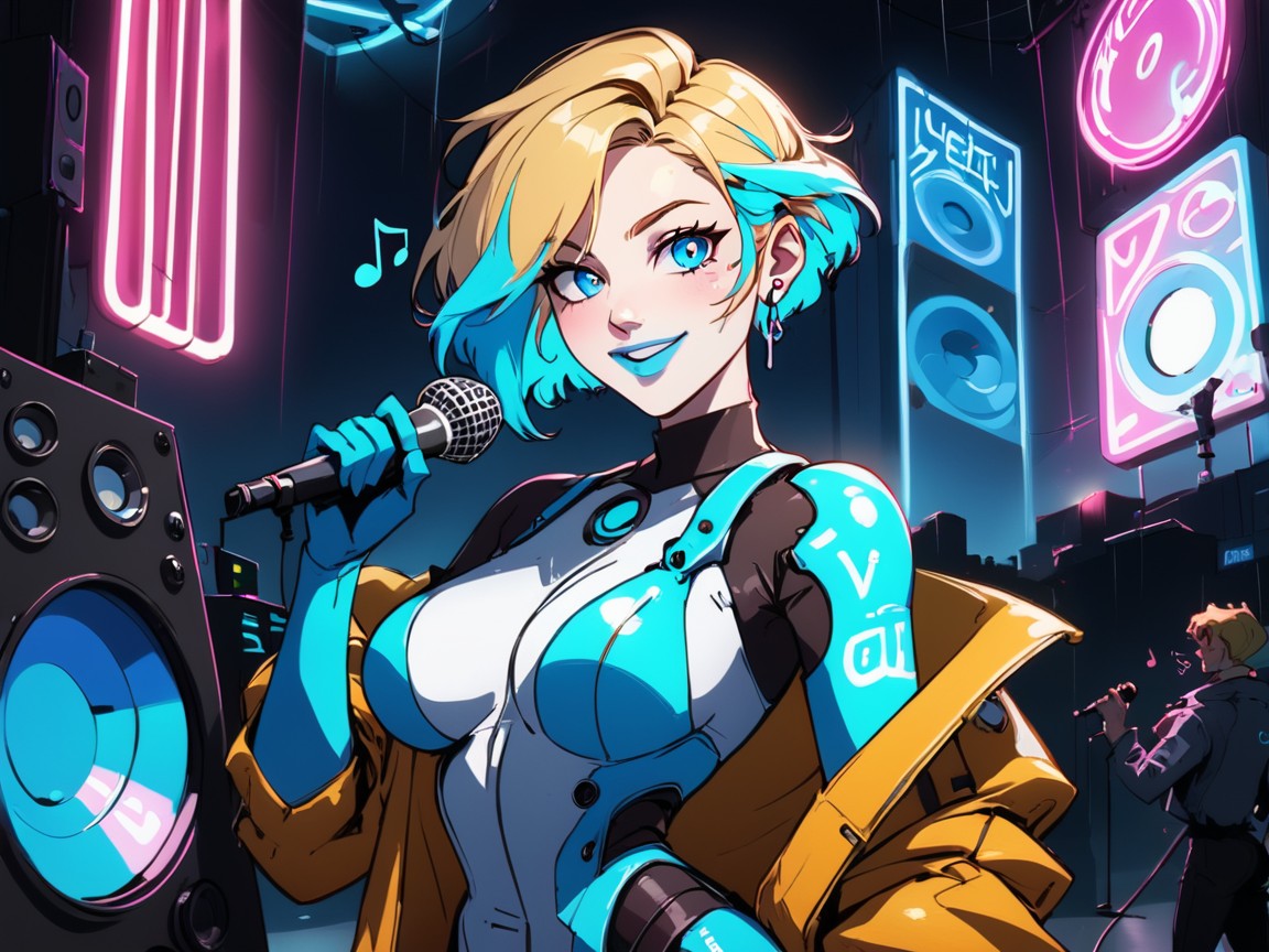 Saturated Colors, Blue Lipstick, Rounded High Breasts Hentai AI Porn
