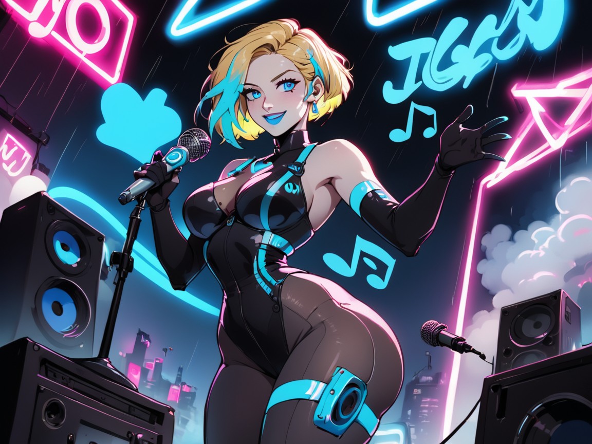Tight Round Ass, Blue Lipstick, Woman Holding Microphone Hentai AI Porn