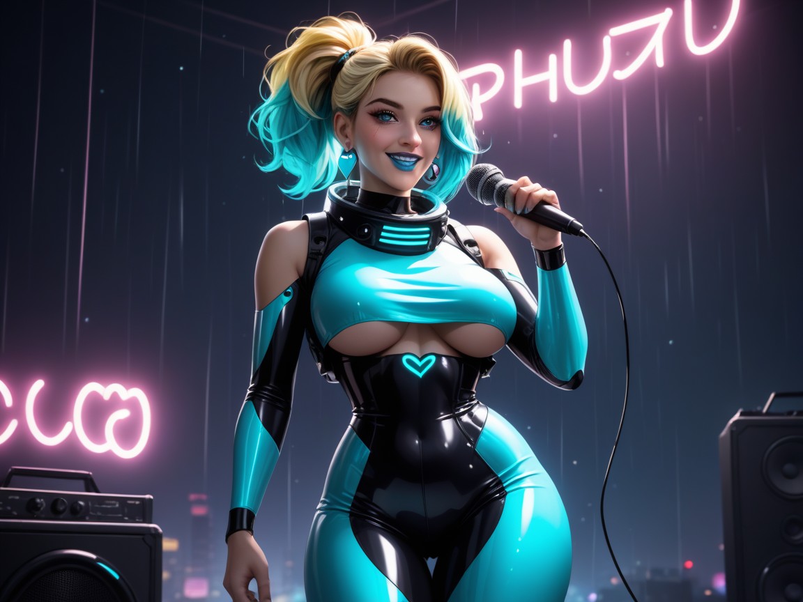 Blonde Pixie Hair, Rounded Ass, Speakers In Background Latina AI Porn
