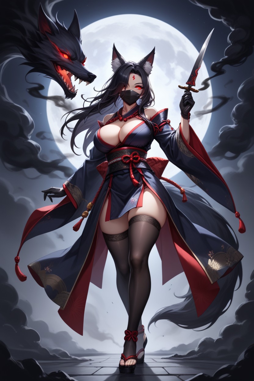 Holding Long Knife, Red Eyes, Japonés Hentai IA