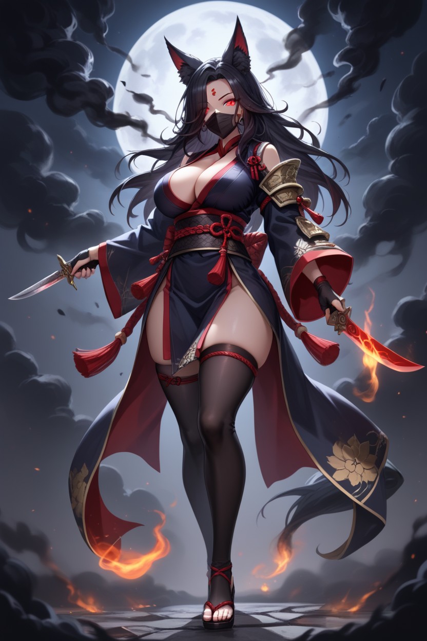 Night, Massive Black Color Fox Tail Made Of Black Smoke, Moon Hentai AI Porn