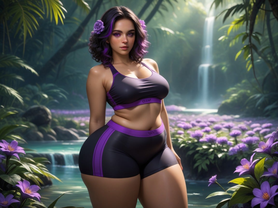 Freckles All Over Body, Neon Red Hearts In Background, Black Permed Hair With Purple Highlights Porno latina IA