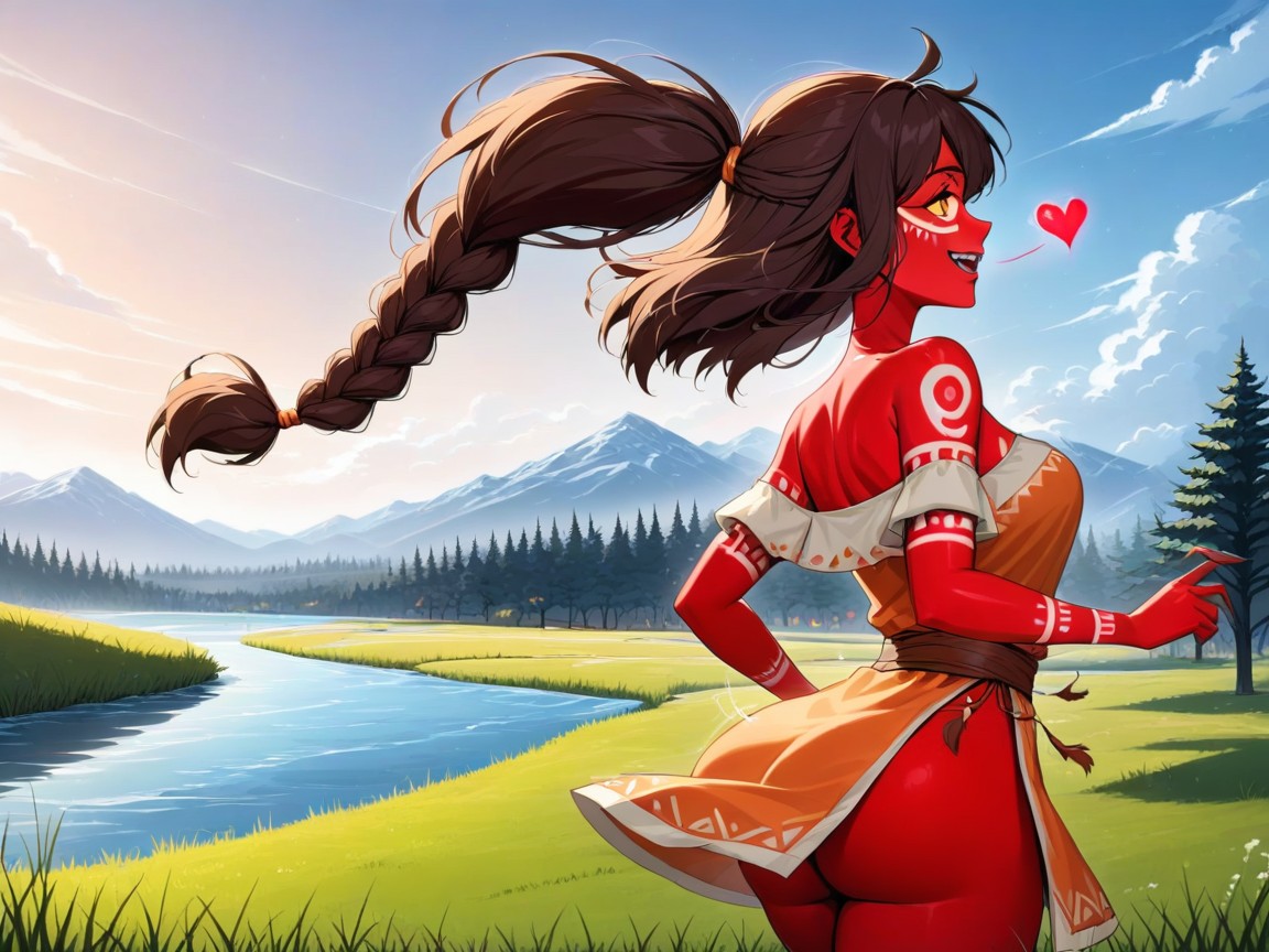 Woman Running Through Grass, Tight Round Ass, Red Skin AI Porn
