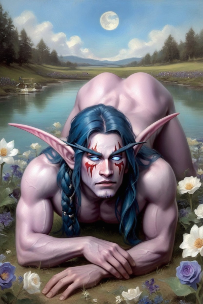 Moon Shining, Focus On Face, Night AI Gay Porn