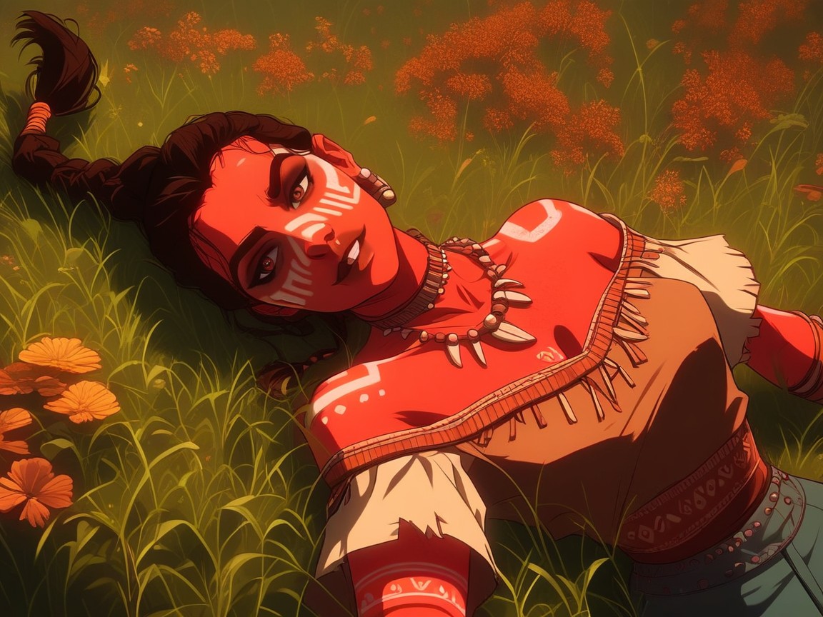 Afterimage, One Woman, Wearing Orange Tribal Clothes Latina AI Porn