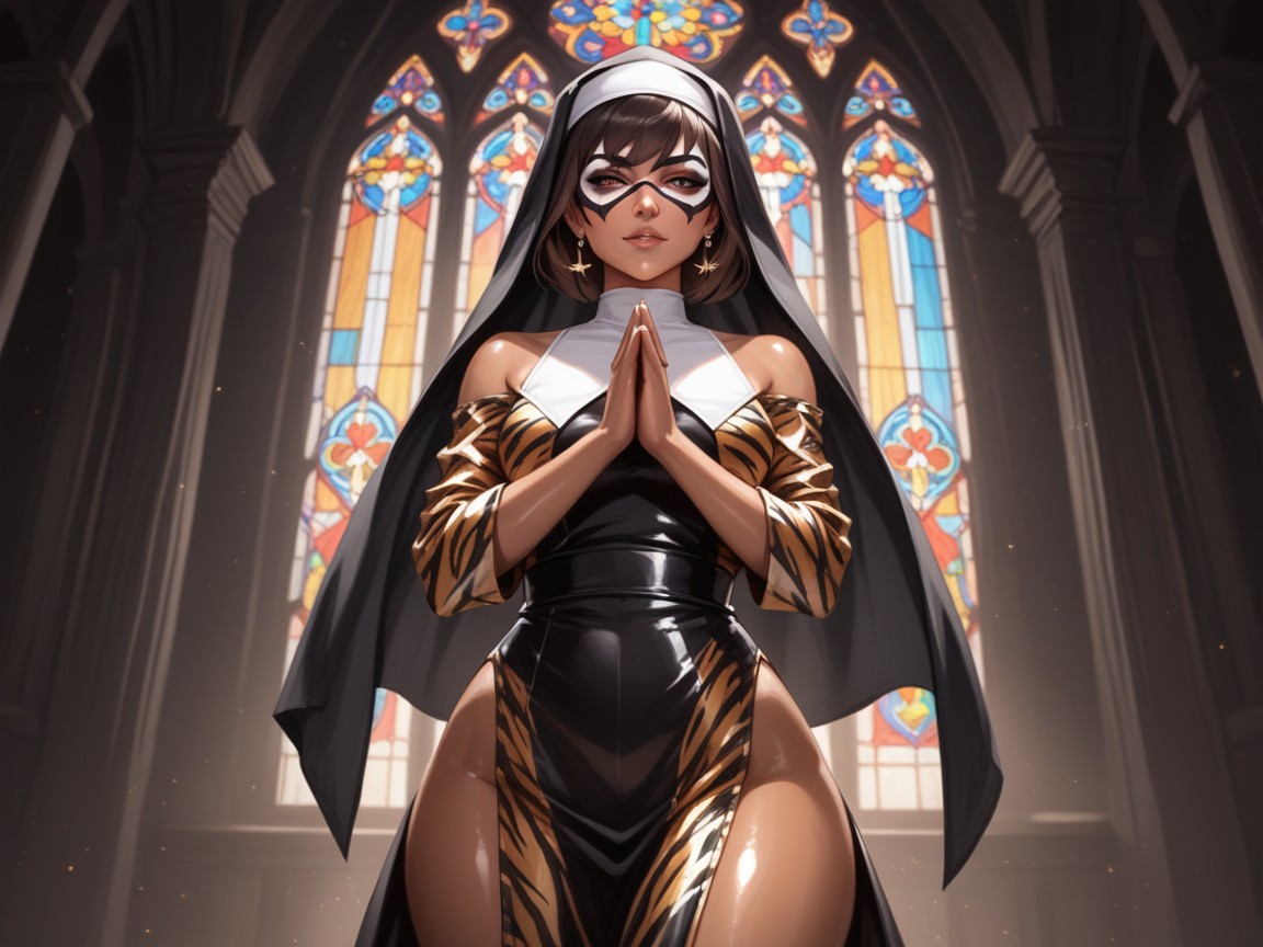 Woman Praying, Nun, Golden Brown Tan Skin Hentai AI Porn