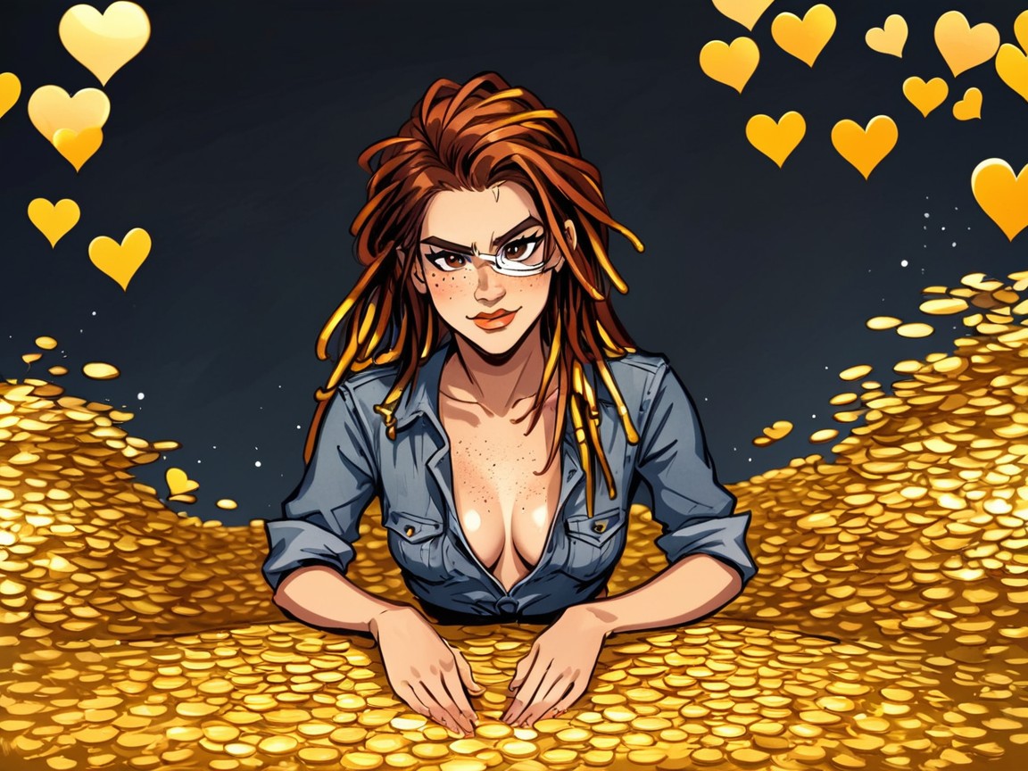 Light Tan Skin, Gold Coins In Background, Rounded Shoulders Latina AI Porn