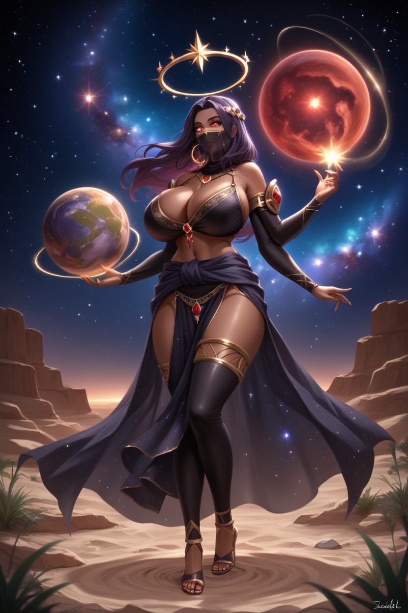Dark Tan Skin, Gigantic Raven Wings Made Of Black Galaxies And Nebula, Looking At Planet Hentai AI Porn