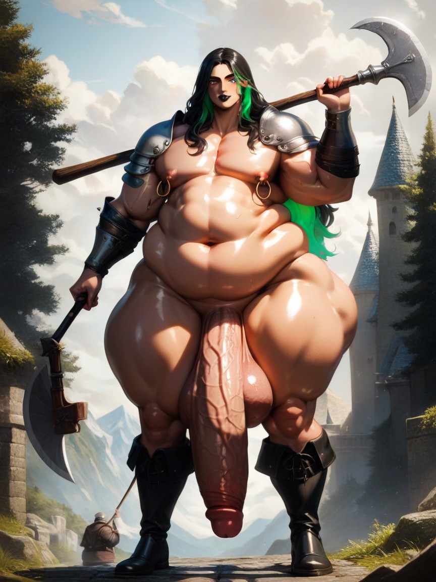Long Length, Holding Axe, Hyper Penis Length AI Gay Porn