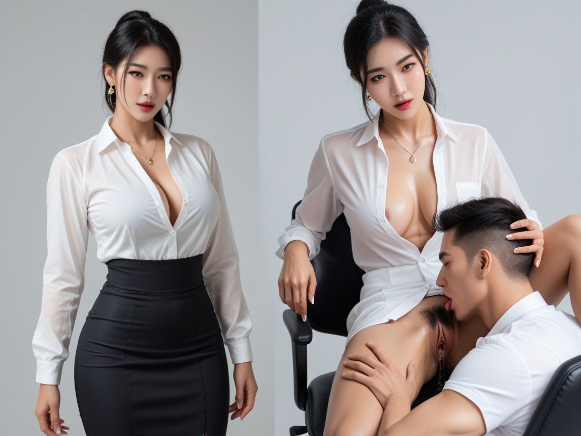Pressing Man's Head To Pussy, Wide Lats, In Office Asian AI Porn