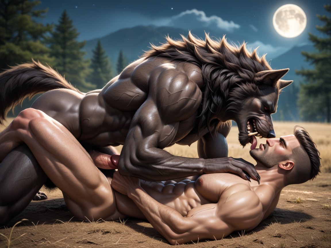 The Top Werewolf Is Drooling With Lust, Summer Full Moon Rising Over Trees In The Distance, Top Down AI Gay Porn