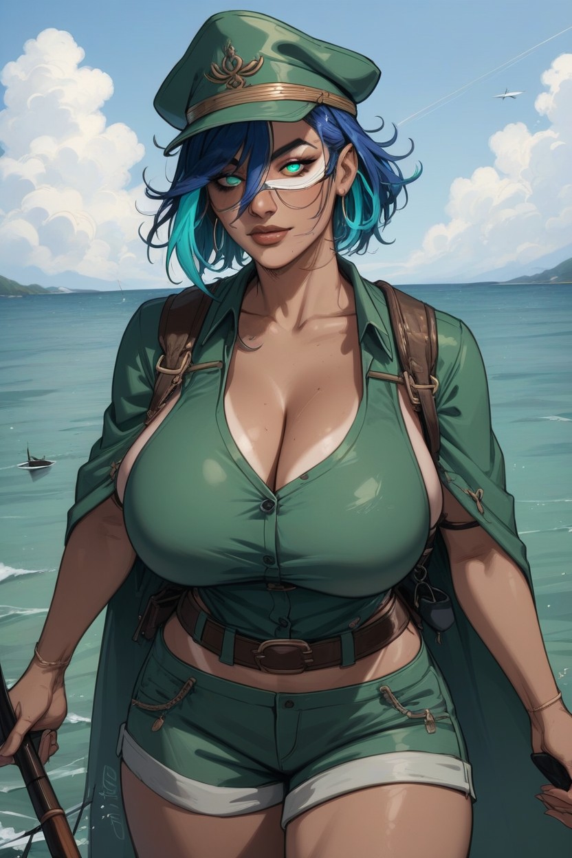 Green Ball Cap, Detailed Face, Long Bangs Hentai AI Porn