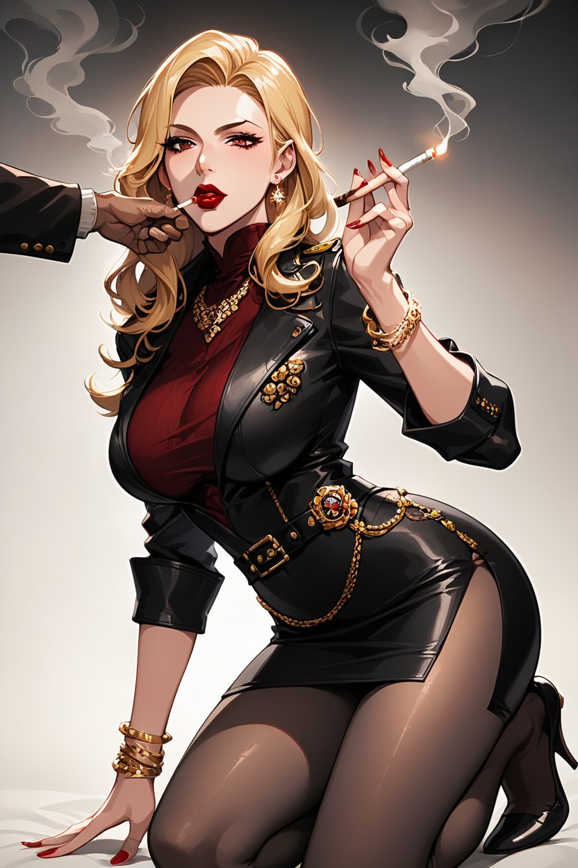 Dynamic Pose, Red Lipstick, Cigarette Hanging Between Her Lips AI Porn