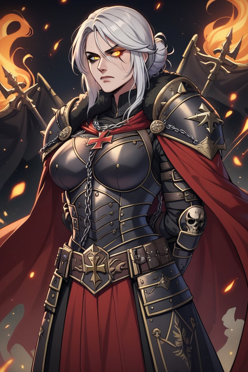 Dark Red Cape, Metal Backpack, Black Chains Over Armor Hentai AI Porn