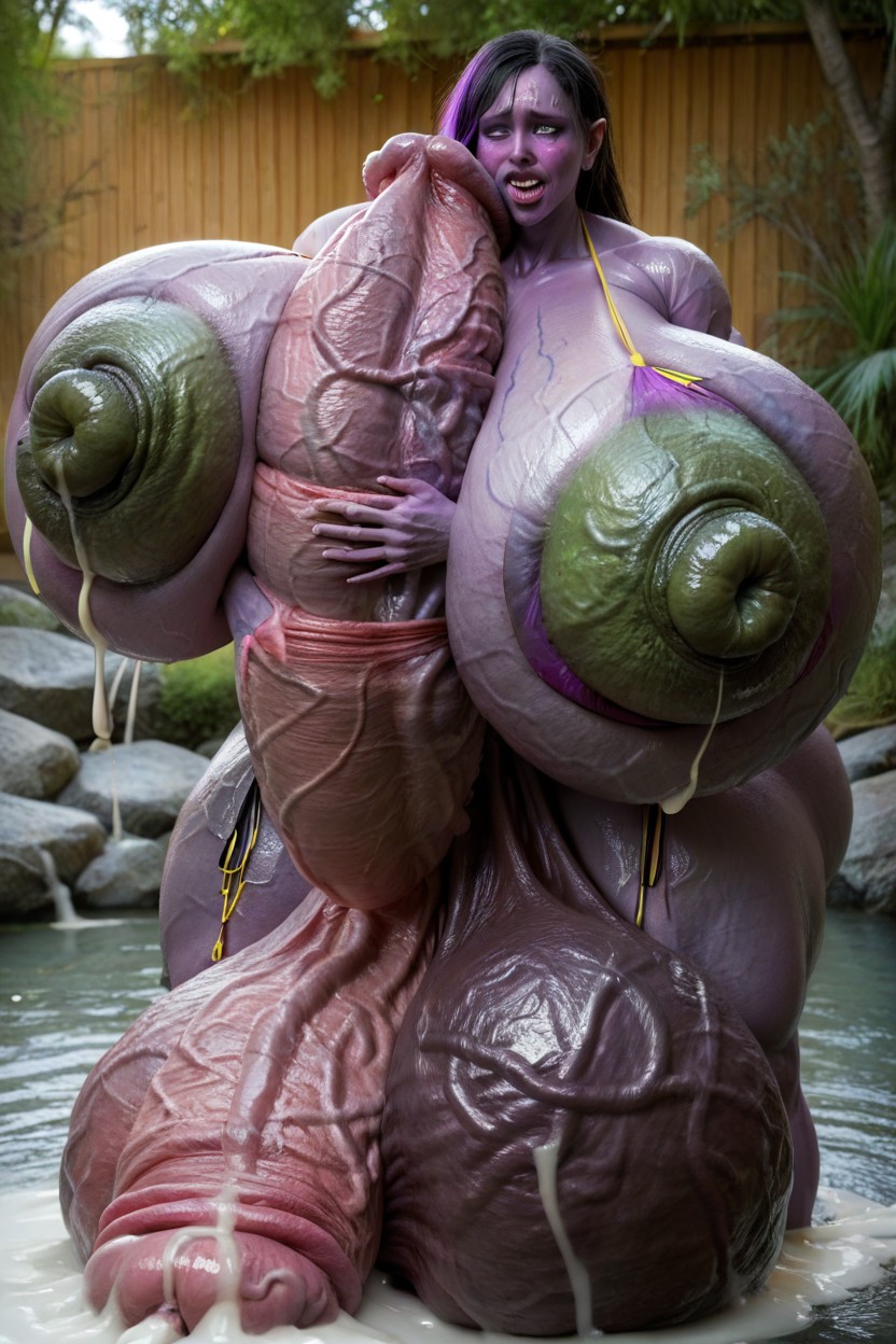 Absurdly Oversized Veiny Futanari Cock, Leaking Green Nipples, Bikini Tan Lines Shemale AI Porn