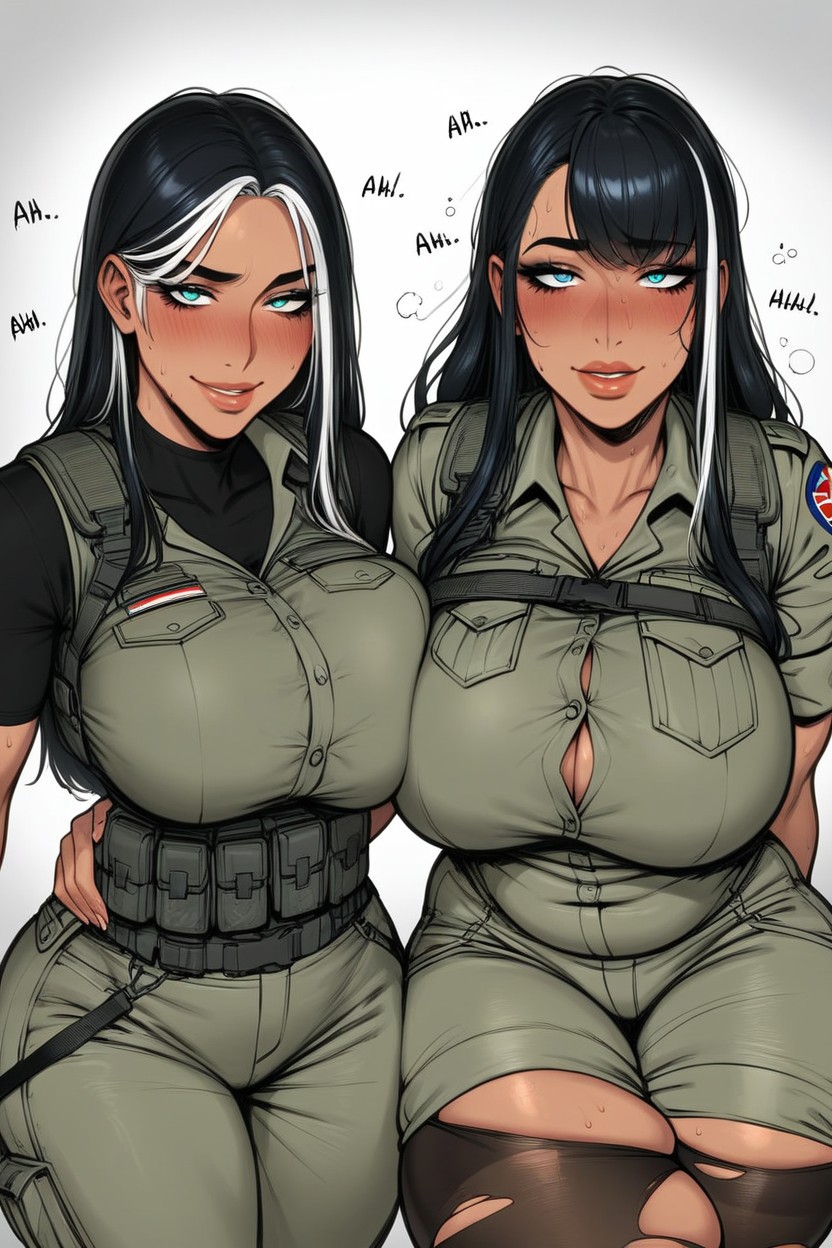 Tactical Gear, Loose Strands Of Hair, Black Hair With White Under Highlights Hentai AI Porn