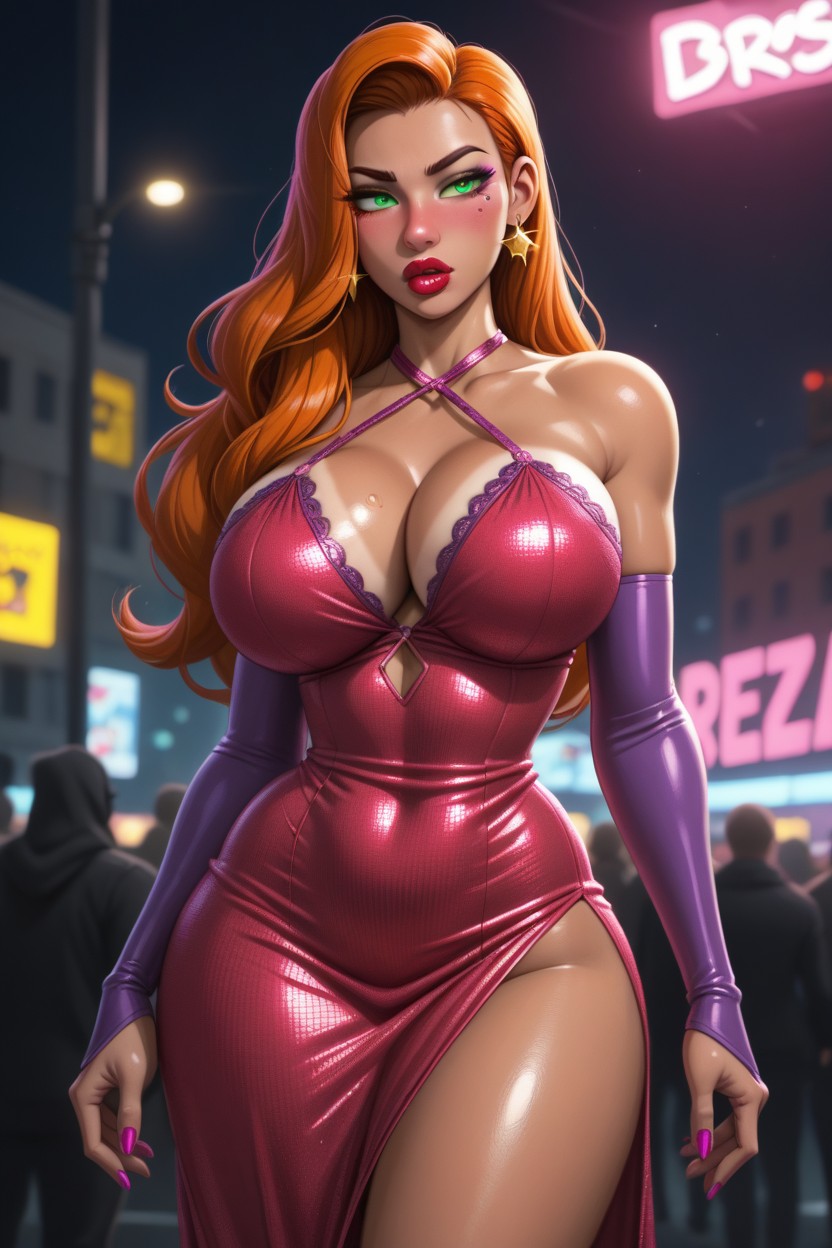 Redhead, Side Bangs Covering Her Right Eye, Fishnet Babydoll Lingerie Dress Chemise Halter Nightwear Teddy Dress Hentai AI Porn