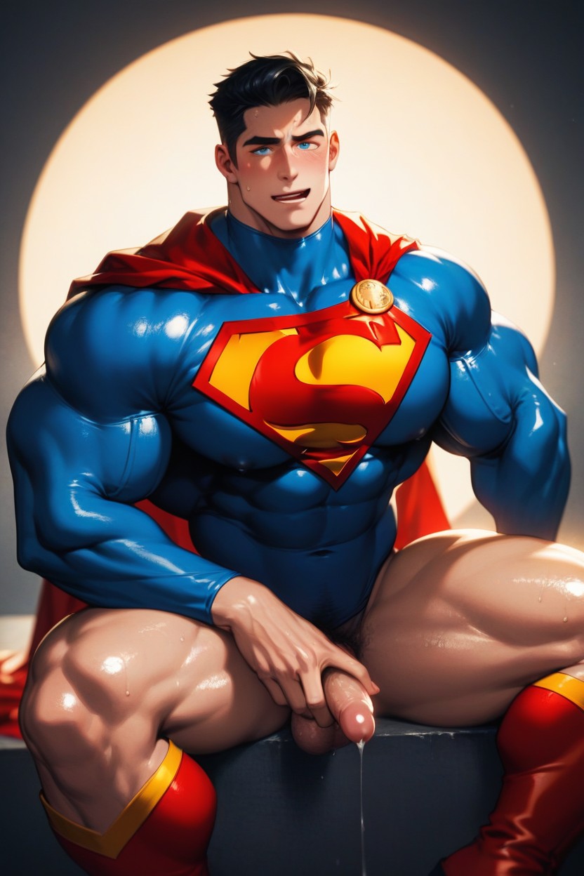 Puny Penis, Manly Face, A Muscular Superman Kneeling AI Gay Porn