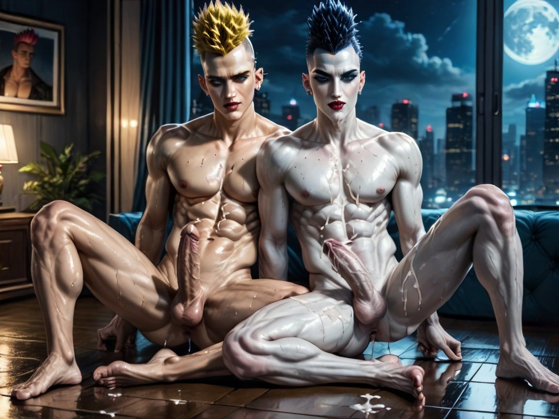 Two Guys Having Anal Sex, Oiled Skin, Side To Side AI Gay Porn