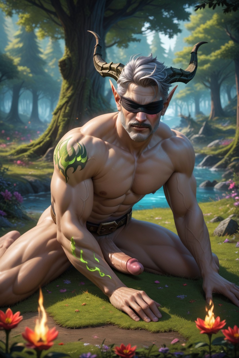 Short Length, Green Flaming Tattoos On Body, Purple Hair AI Gay Porn