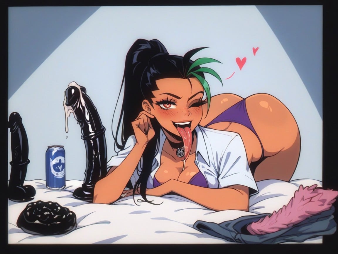 Nemona, Laying In Front Of A Mirror, Long Tongue Sticking Out Of Her Mouth Hentai AI Porn