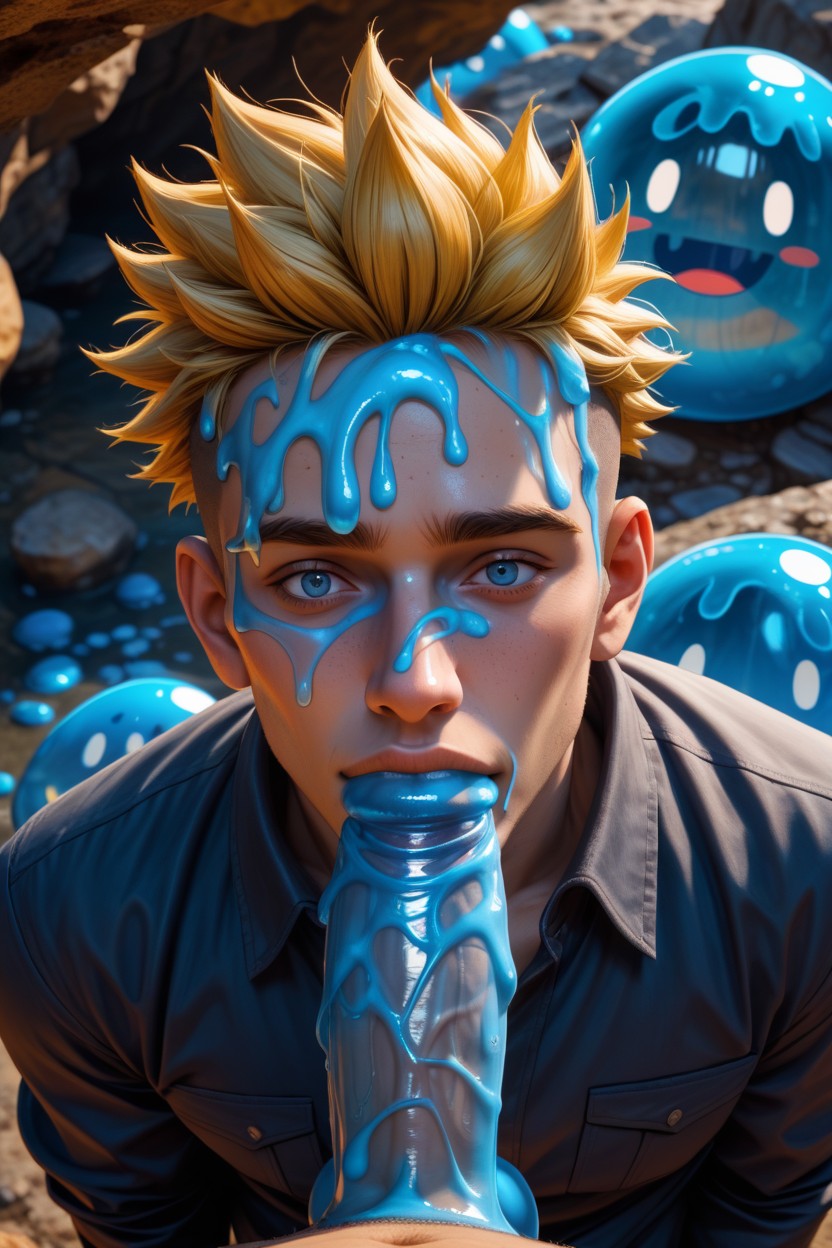 18+, Close Up, Transparent Translucent Blue Slime Body AI Gay Porn