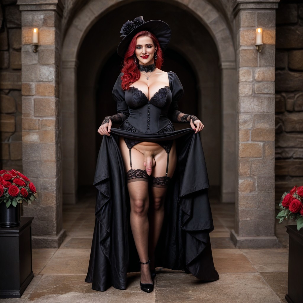 Black Garter Belt, Red Hair, Red Shining Lips Shemale AI Porn