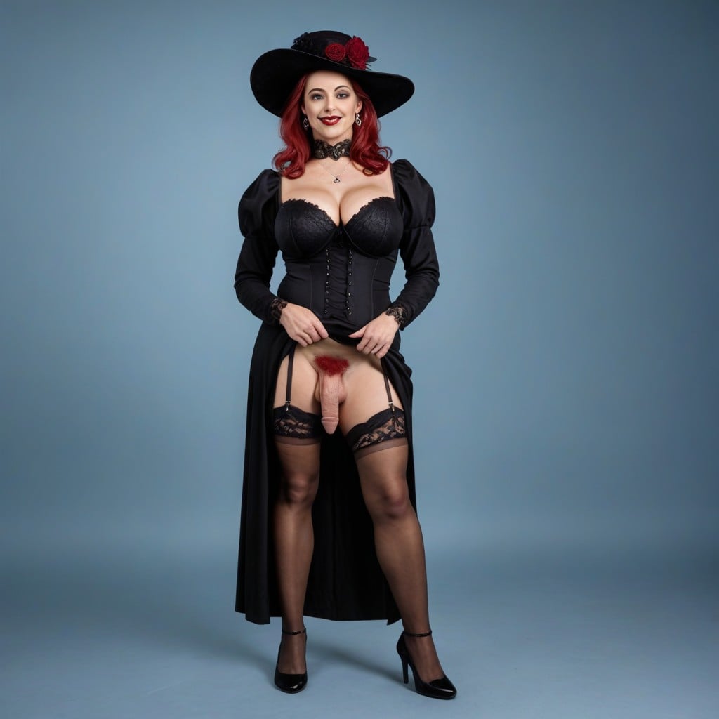 Fancy Large Black Victorian Hat, Red Pubic Hair, Black Lace Gloves 쉬메일 AI 포르노