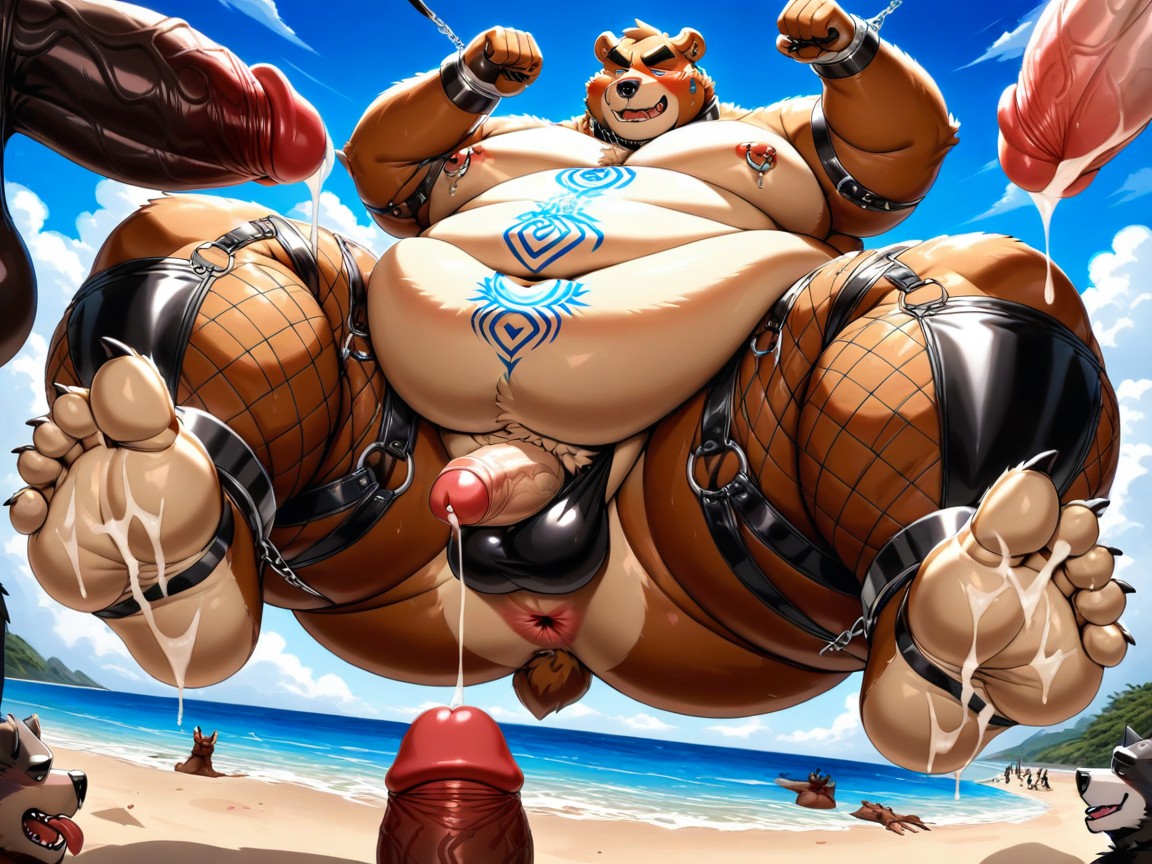 Fat Orgy, Leather Straps, Plump Nipples Furry AI Porn