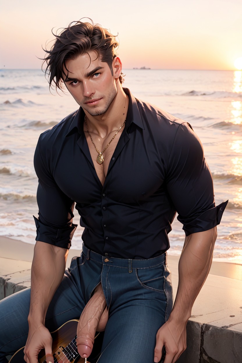 Very Hips, Wearing Unbuttoned Open White Shirt, Messy Shaggy Hair AI Gay Porn