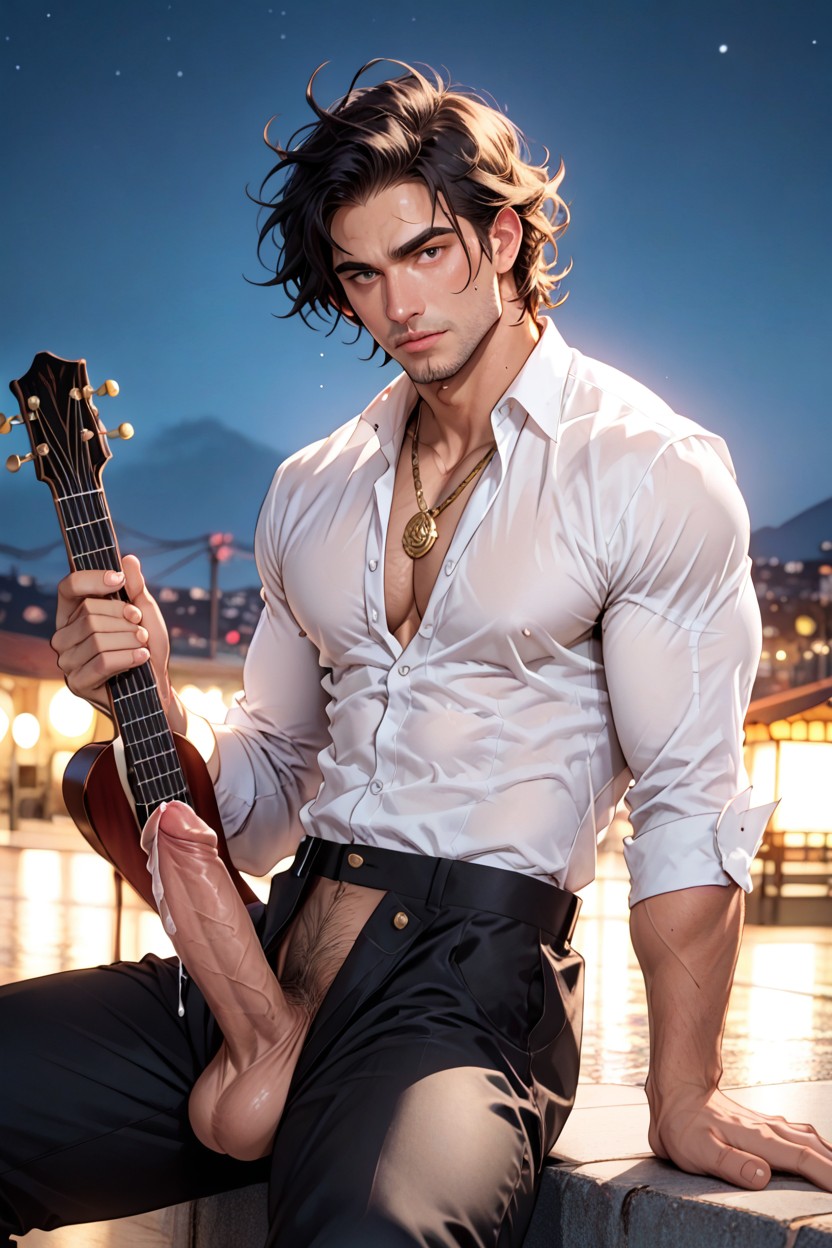 Very Waist, Very Thighs, One Southern European Holding A Guitar Under Cock AI Gay Porn