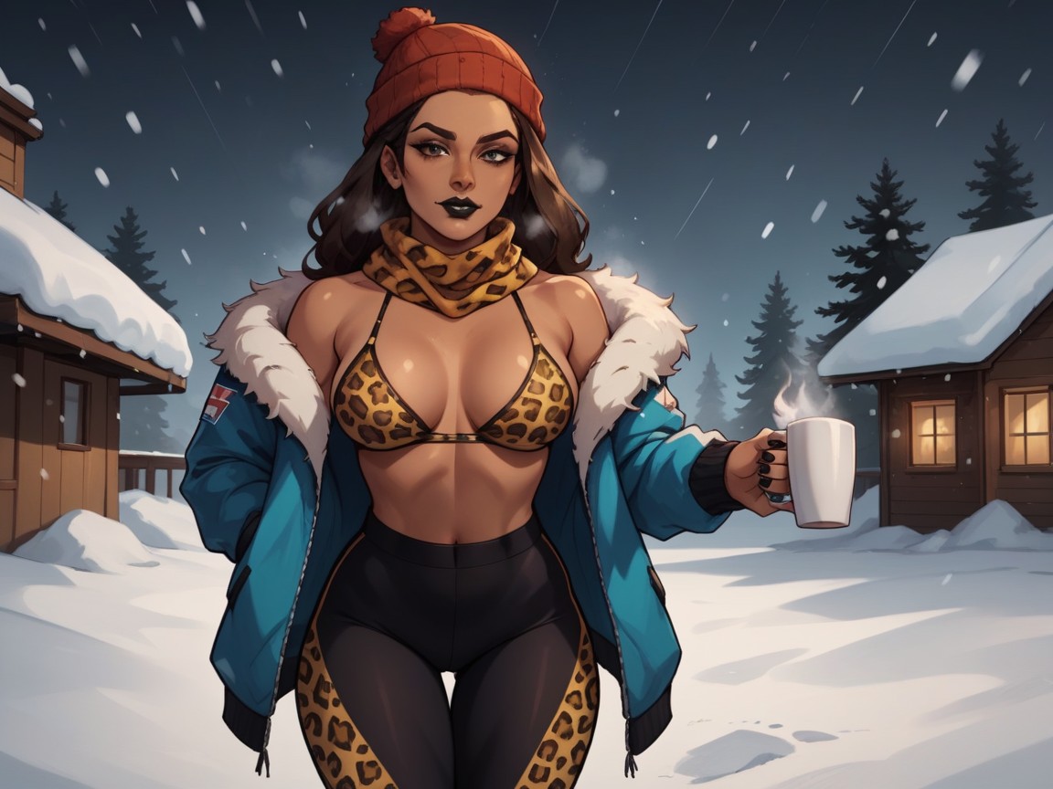 Slicked, Low Torso Height, Wearing Leopard Print Winter Clothes AI Porn