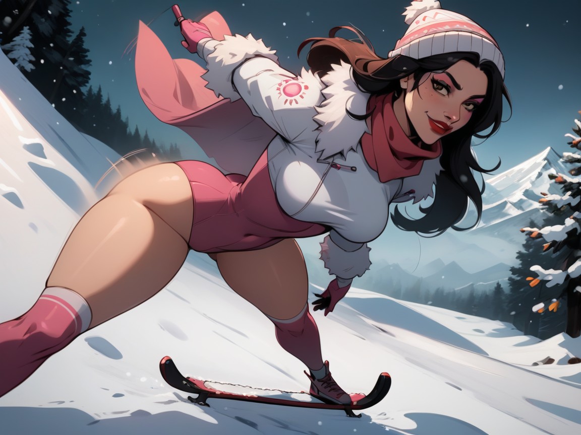 Snow Location, Pretty Face, Skis On Feet 라틴 AI 야짤